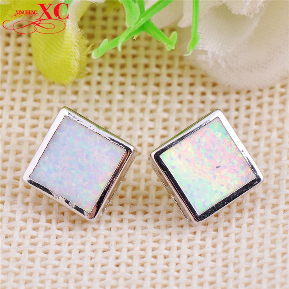 Sterling Silver White Simulated Opal Stud Earrings