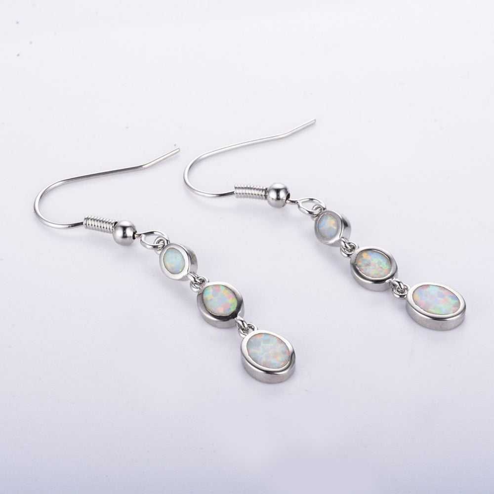 Silver-Tone Triple Oval White Simulated Opal Dangle Drop Earrings