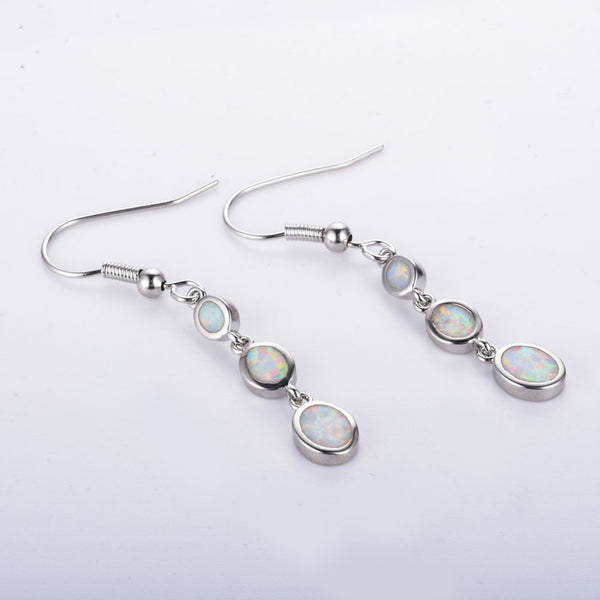 Silver-Tone Triple Oval White Simulated Opal Dangle Drop Earrings