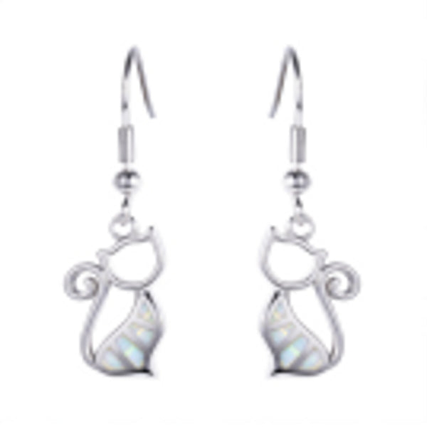 Silver-Tone White Simulated Opal Cat Drop Earrings