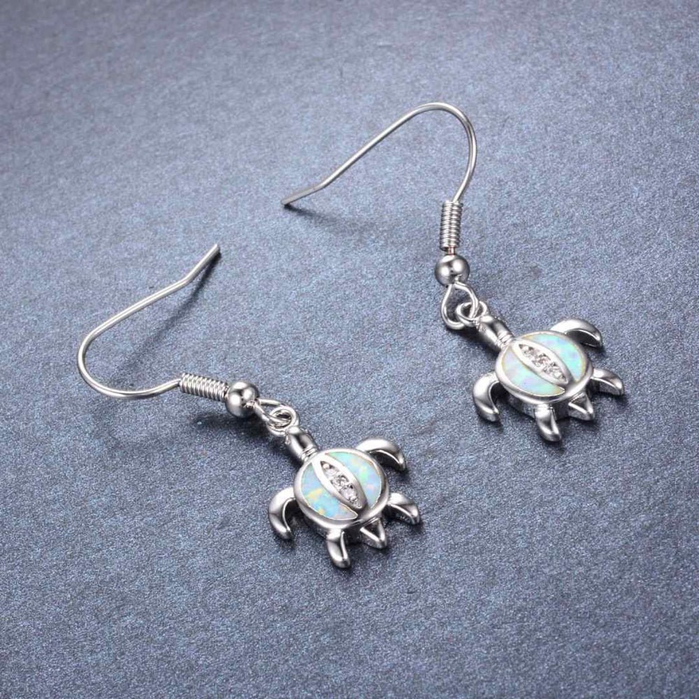 Silver-Tone White Simulated Opal Sea Turtle Drop Earrings