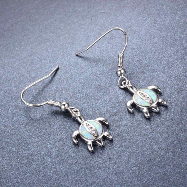 Silver-Tone White Simulated Opal Sea Turtle Drop Earrings