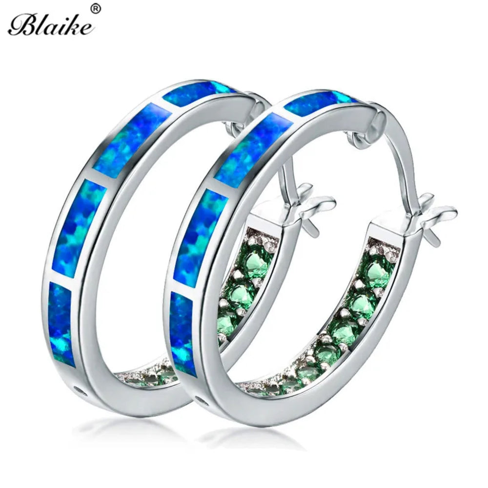 Silver-Tone Blue Simulated Opal Green Crystal Inlay Hoop Earrings