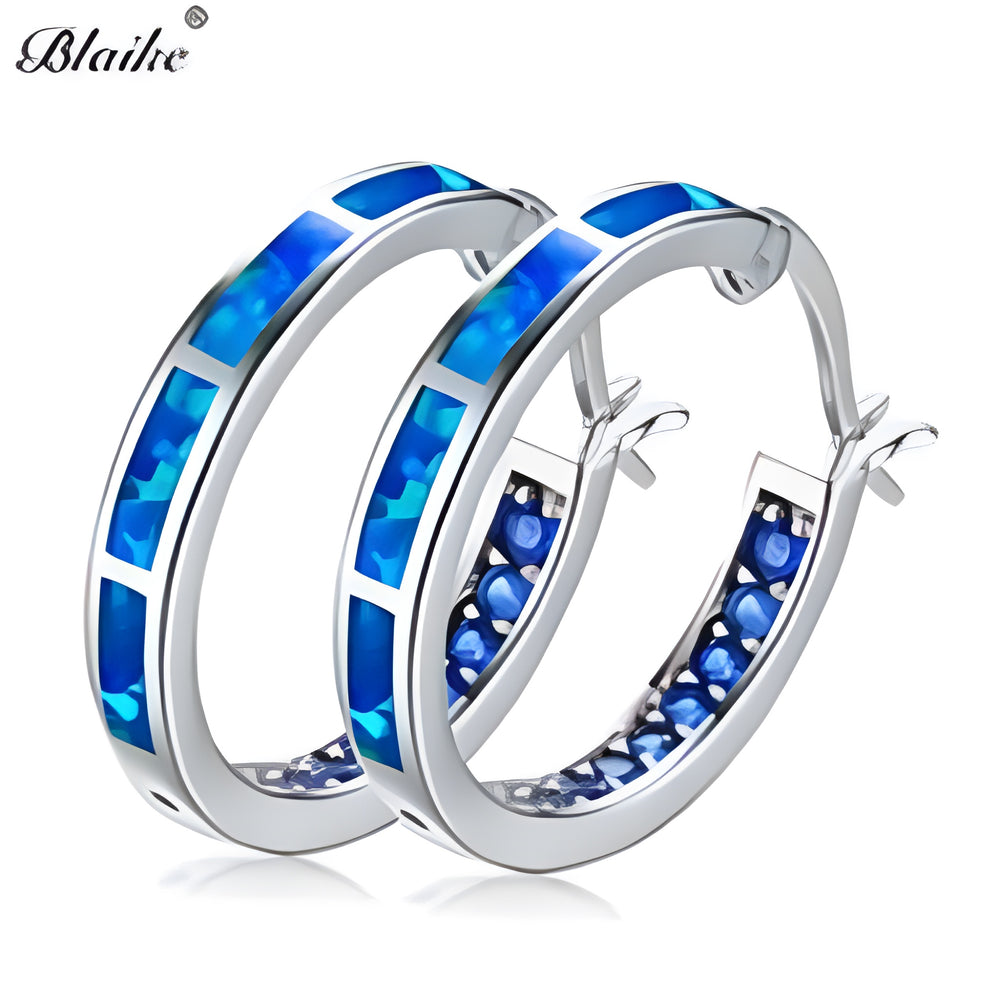 Silver-Tone Blue Simulated Opal Sapphire-Blue Crystal Hoop Earrings