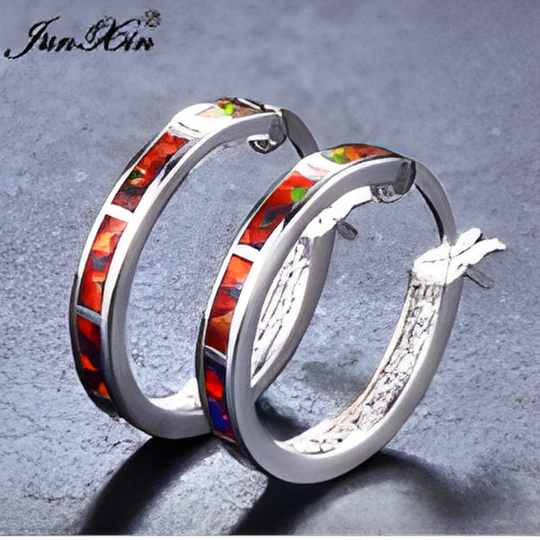 Silver-Tone Orange Simulated Opal & White Crystal Channel-Set Hoop Earrings