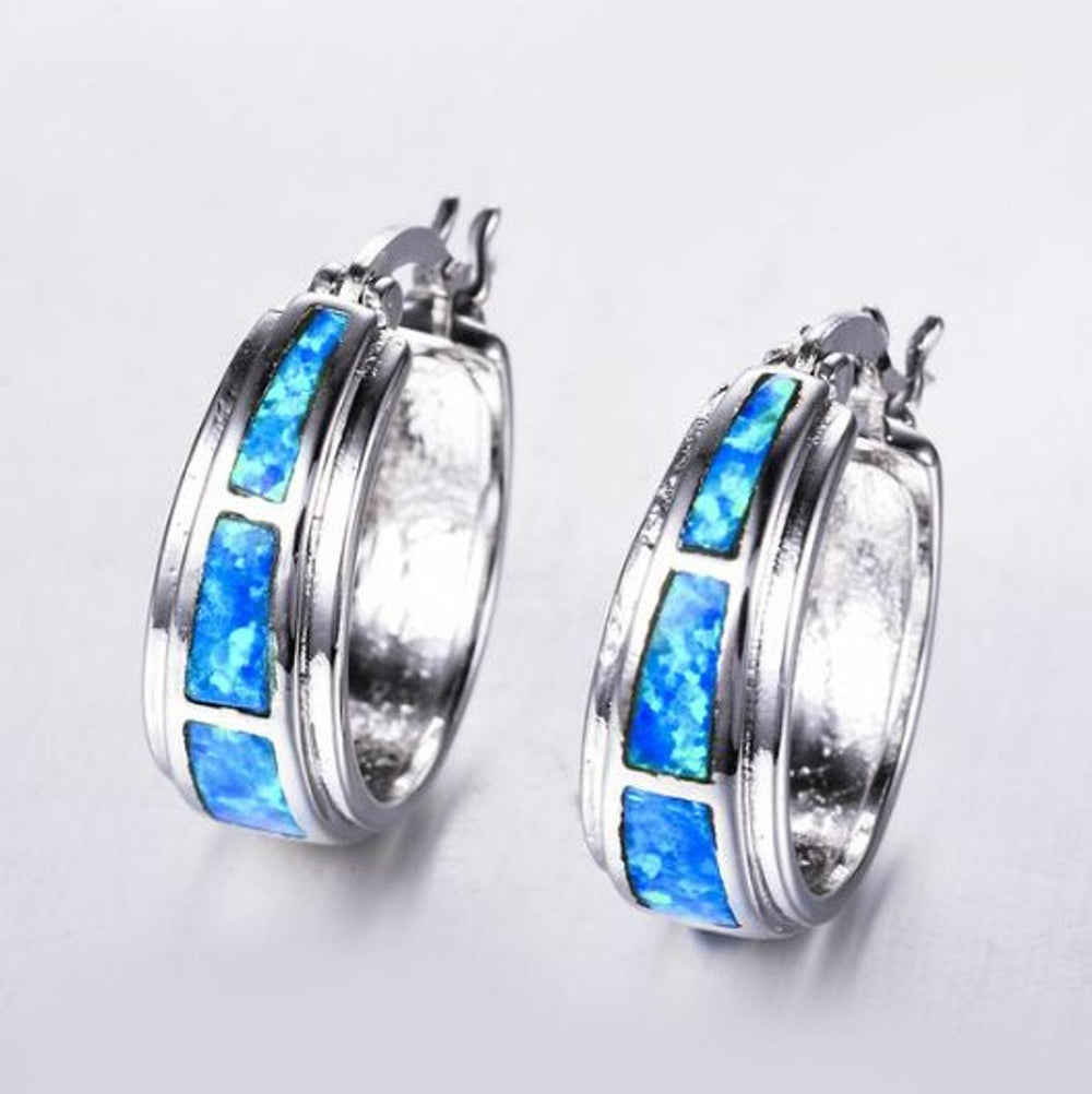 Silver-Tone Half Blue Simulated Opal Drop Earrings