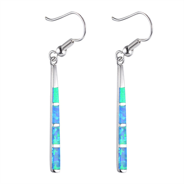 Silver-Tone Blue-Green Simulated Opal Linear Bar Drop Earrings