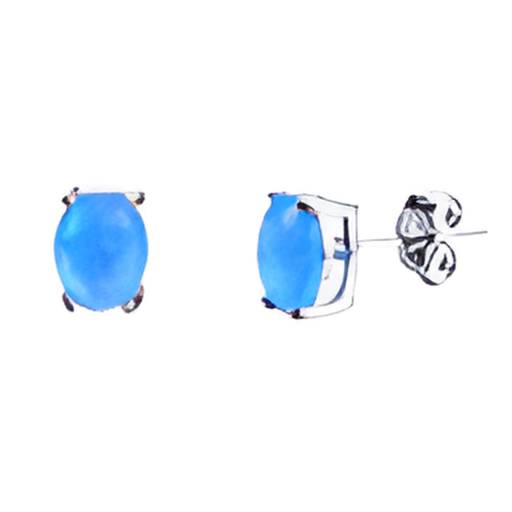 Silver-Tone Oval Blue Simulated Opal Solitaire Stud Earrings
