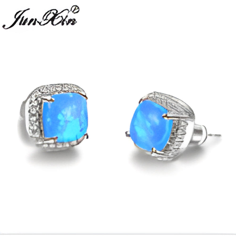 Silver-Tone Blue Simulated Opal Square Halo Stud Earrings With White Crystals