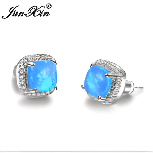 Silver-Tone Blue Simulated Opal Square Halo Stud Earrings With White Crystals