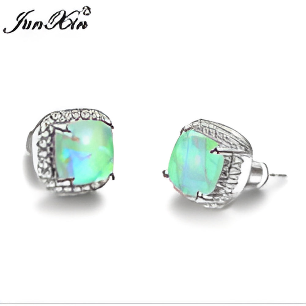 Silver-Tone Green Simulated Opal Square Halo Stud Earrings With White Crystals