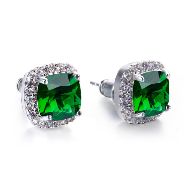 Silver-Tone Emerald-Green Crystal Cushion Halo Stud Earrings