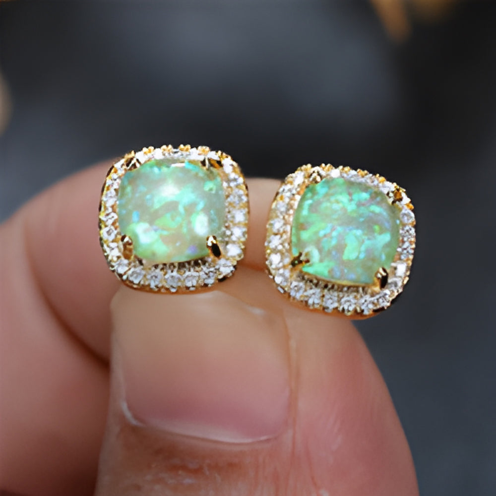 Gold-Tone Green Simulated Opal Cushion Crystal Halo Stud Earrings