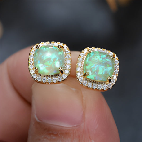 Gold-Tone Green Simulated Opal Cushion Crystal Halo Stud Earrings