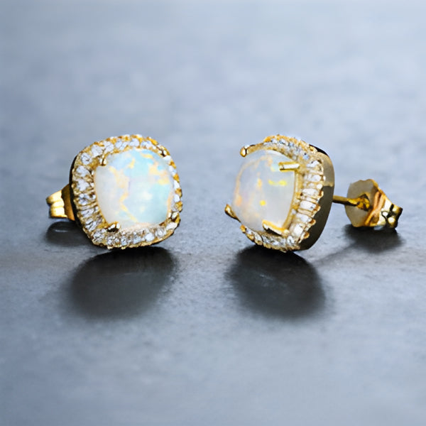 Gold-Tone White Simulated Opal Cushion Crystal Halo Stud Earrings
