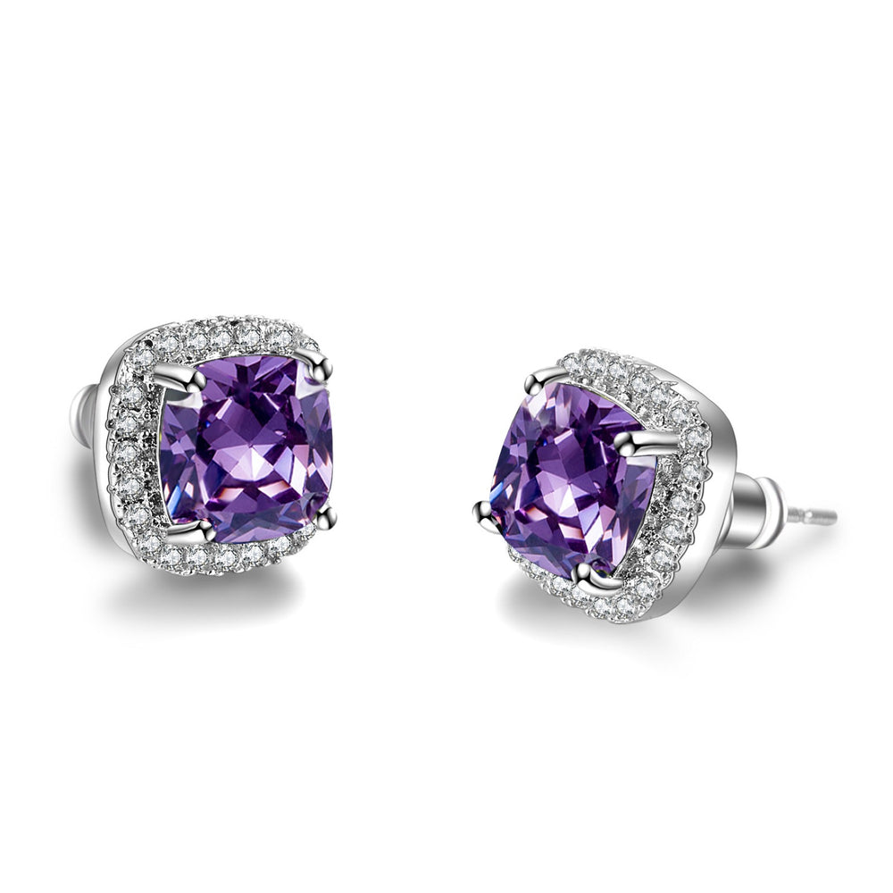 Silver-Tone Purple Square Crystal White Halo Stud Earrings