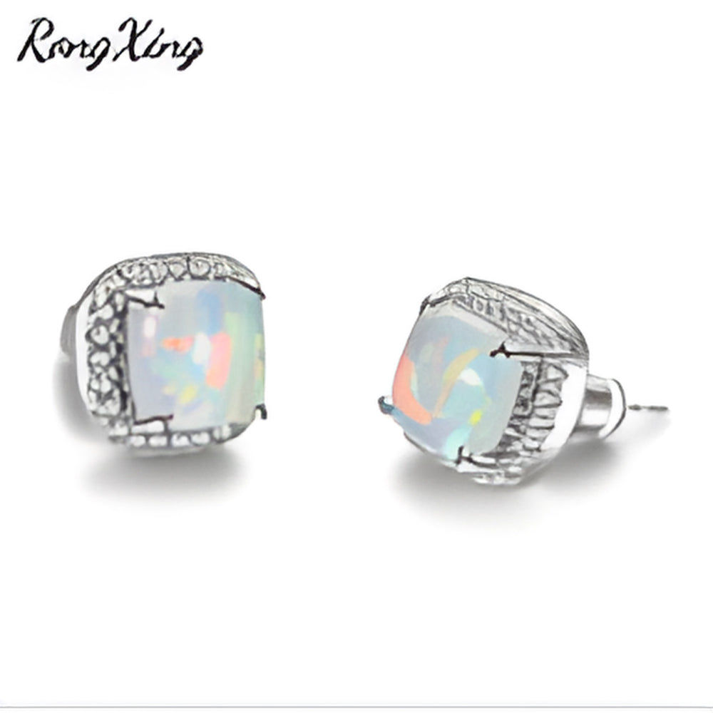 Silver-Tone White Simulated Opal Square Halo Stud Earrings With White Crystals