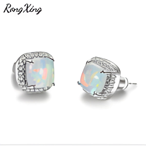 Silver-Tone White Simulated Opal Square Halo Stud Earrings With White Crystals