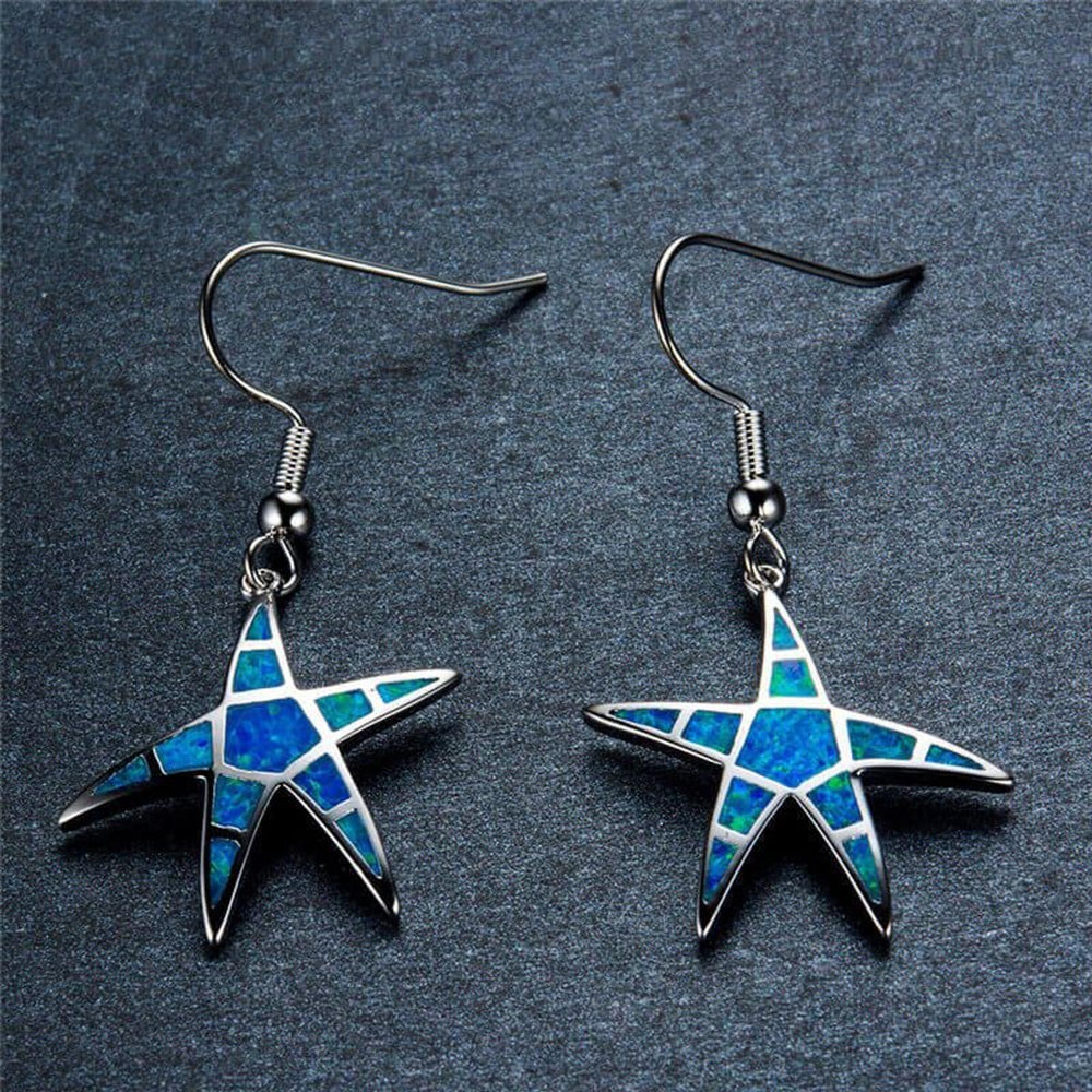Sterling Silver Blue Simulated Opal Starfish Drop Earrings