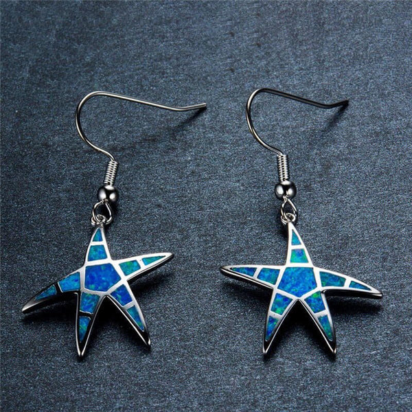 Sterling Silver Blue Simulated Opal Starfish Drop Earrings