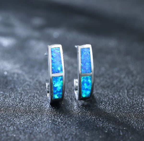 Silver-Tone Blue Simulated Opal Inlay J-Shaped Hoop Earrings