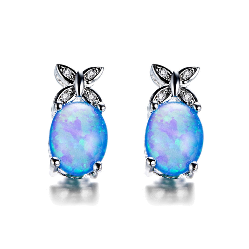 Silver-Tone Oval Blue Simulated Opal Crystal Crossed-Leaf Stud Earrings