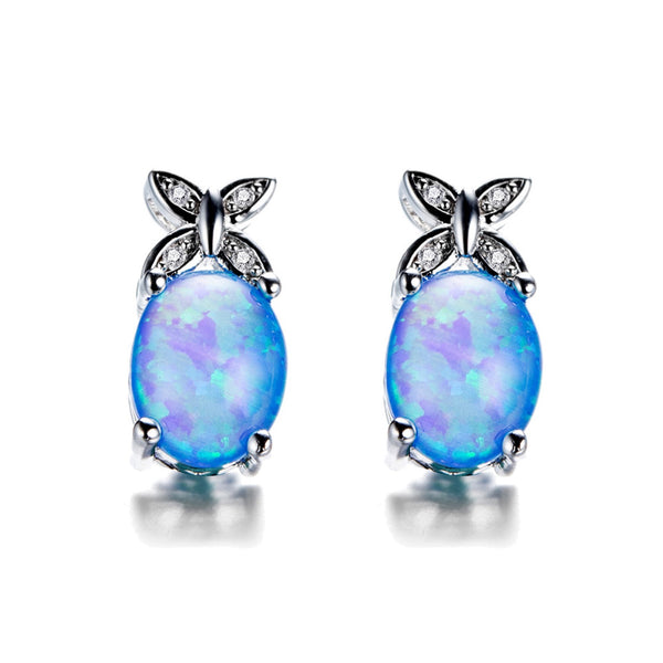 Silver-Tone Oval Blue Simulated Opal Crystal Crossed-Leaf Stud Earrings
