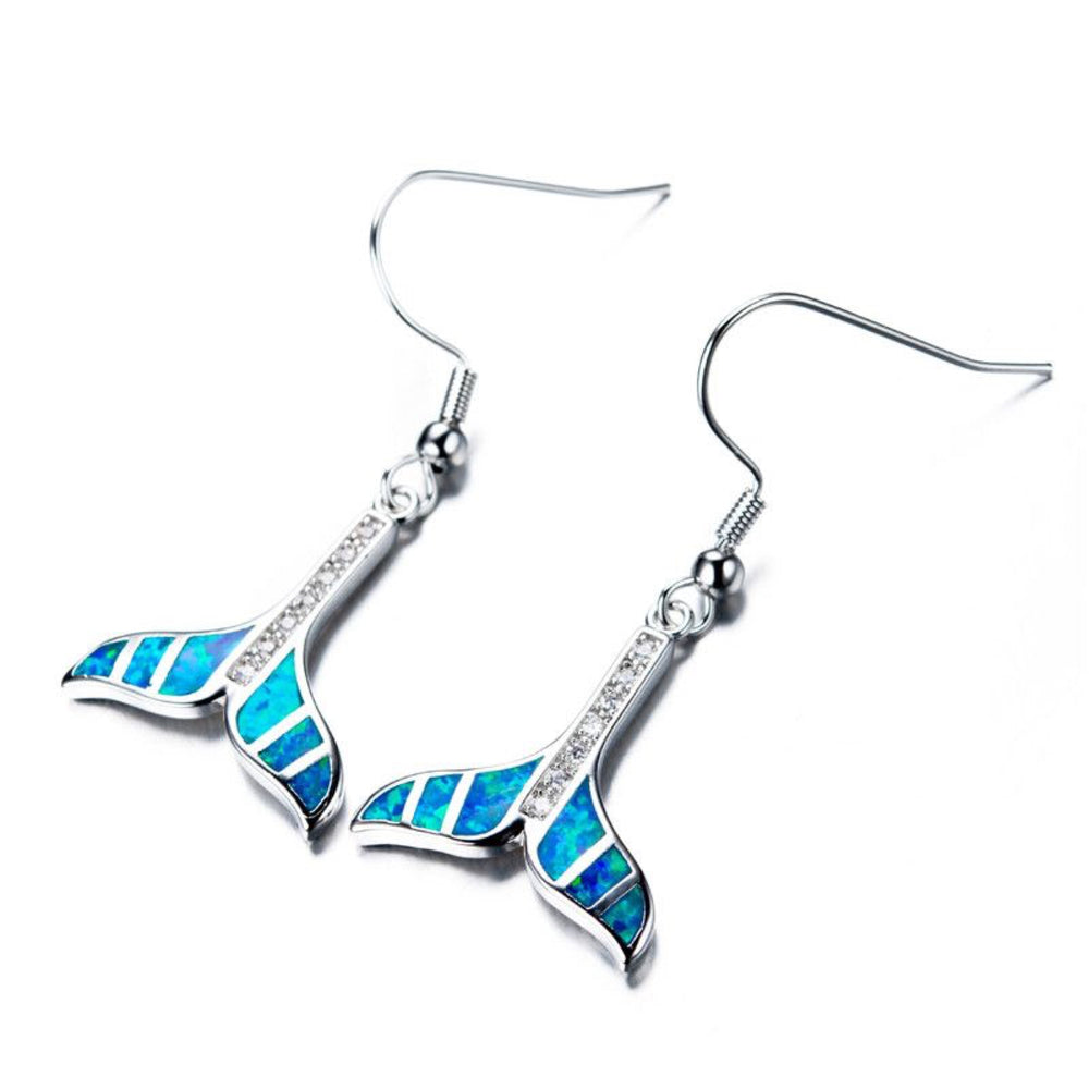 Silver-Tone Blue Simulated Opal Inlay Fish Tail Drop Earrings