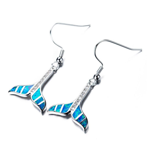Silver-Tone Blue Simulated Opal Inlay Fish Tail Drop Earrings