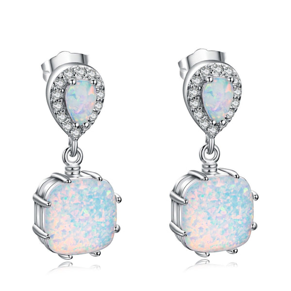 Silver-Tone White Simulated Opal Teardrop And Cushion Drop Earrings