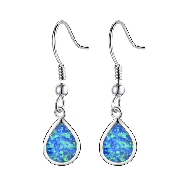 Sterling Silver Blue Teardrop Simulated Opal Drop Earrings