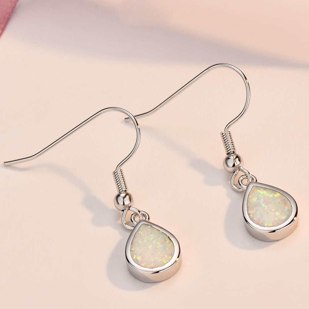 Sterling Silver White Teardrop Simulated Opal Drop Earrings