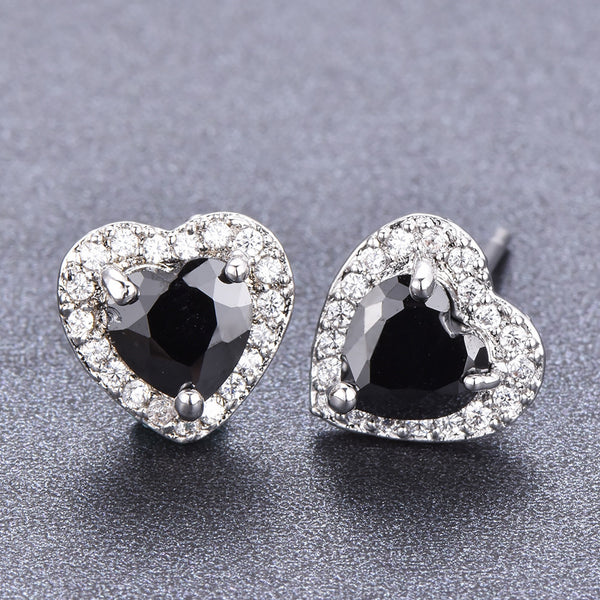 Silver-Tone Black CZ Heart Stud Earrings With Crystal Halo