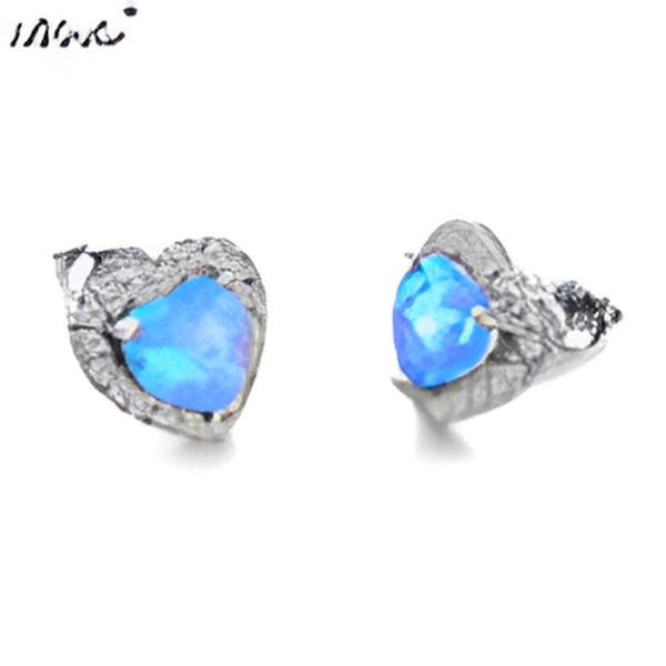Silver-Tone Blue Simulated Opal Heart Stud Earrings With Crystal Halo