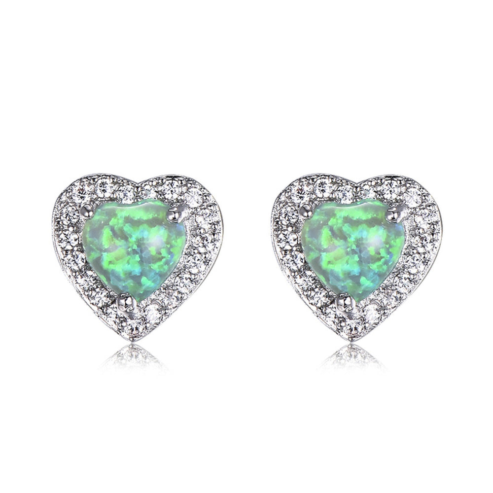 Silver-Tone Green Simulated Opal Heart Stud Earrings With Crystal Halo