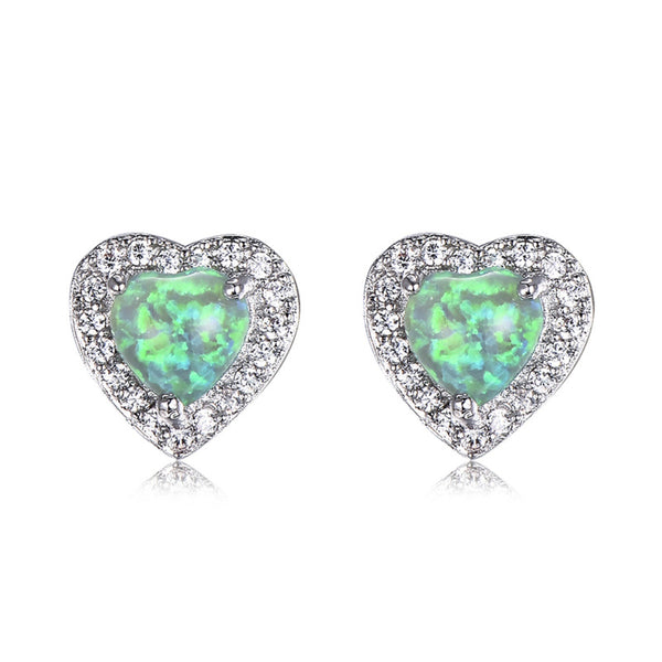 Silver-Tone Green Simulated Opal Heart Stud Earrings With Crystal Halo