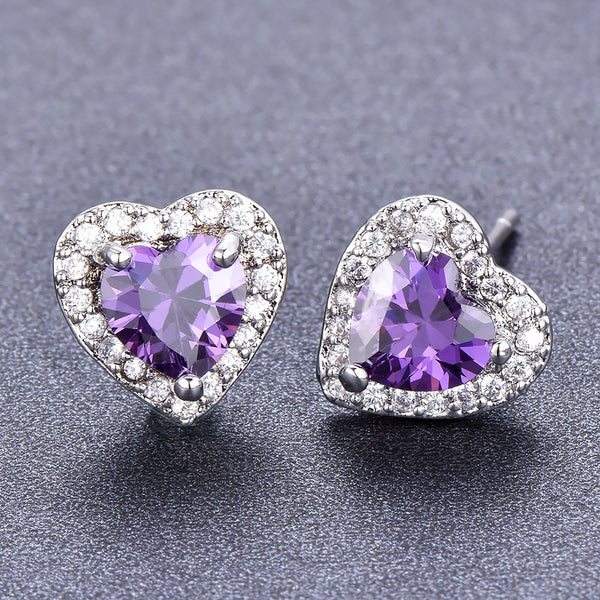 Silver-Tone Purple Heart-Shaped CZ Halo Stud Earrings