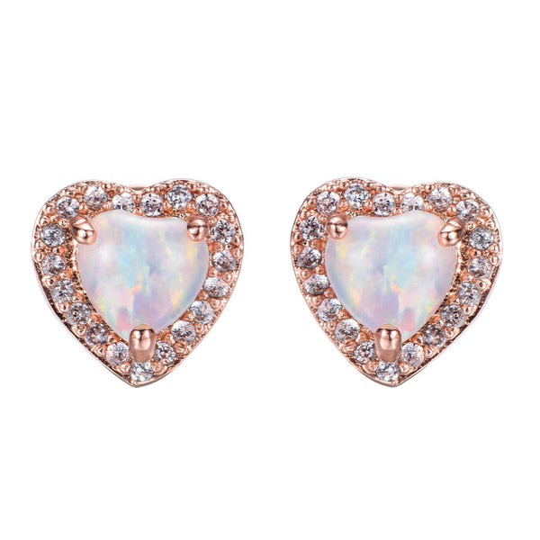 Rose Gold-Tone White Simulated Opal Heart Crystal Halo Stud Earrings