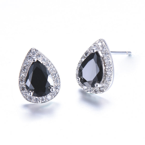 Silver-Tone Black Teardrop Crystal Halo Stud Earrings