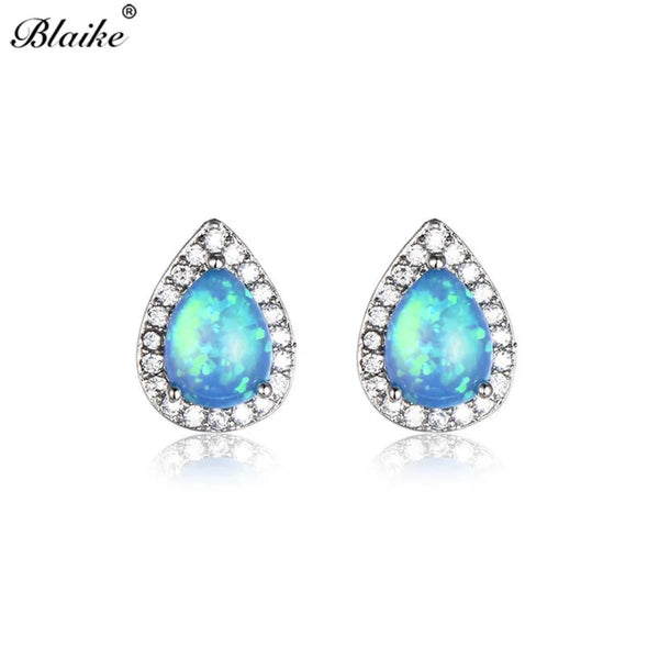 Silver-Tone Blue Simulated Opal Teardrop Stud Earrings With Crystal Halo