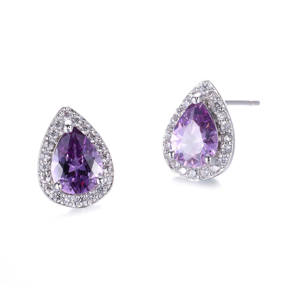 Silver-Tone Purple Teardrop Crystal Halo Stud Earrings