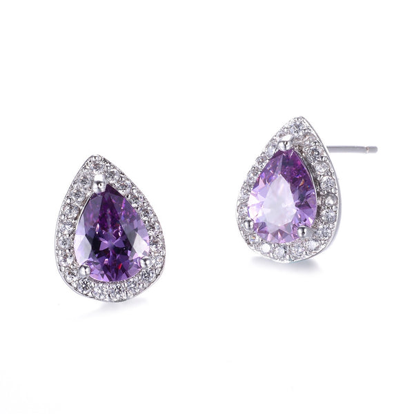 Silver-Tone Purple Teardrop Crystal Halo Stud Earrings