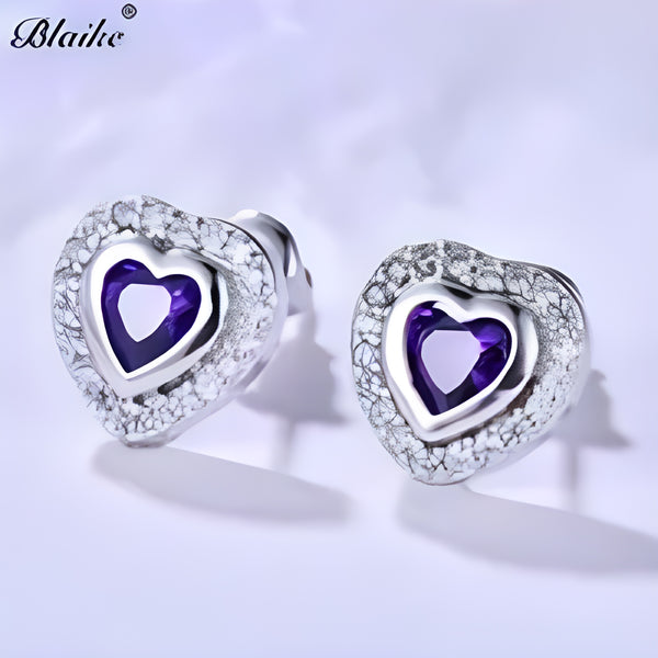 Silver-Tone Purple Heart Crystal Halo Stud Earrings