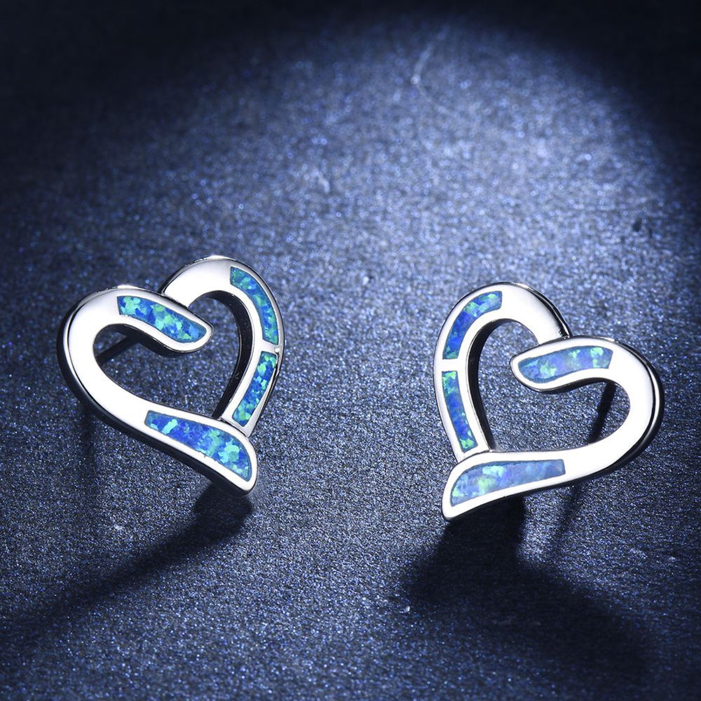 Silver-Tone Blue Simulated Opal Inlay Open Heart Stud Earrings