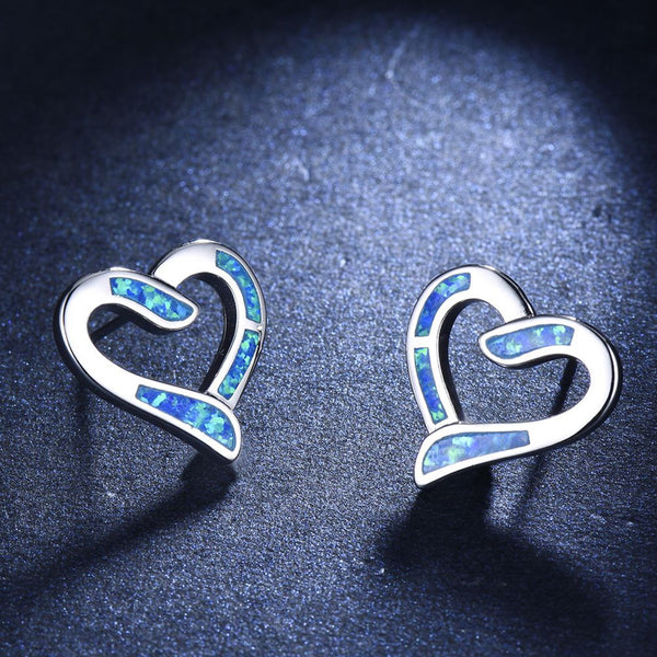 Silver-Tone Blue Simulated Opal Inlay Open Heart Stud Earrings