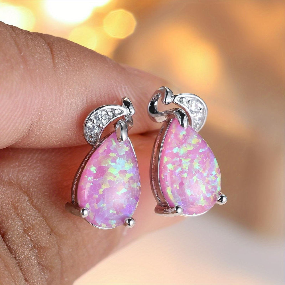 Silver-Tone Purple Teardrop Simulated Opal Stud Earrings