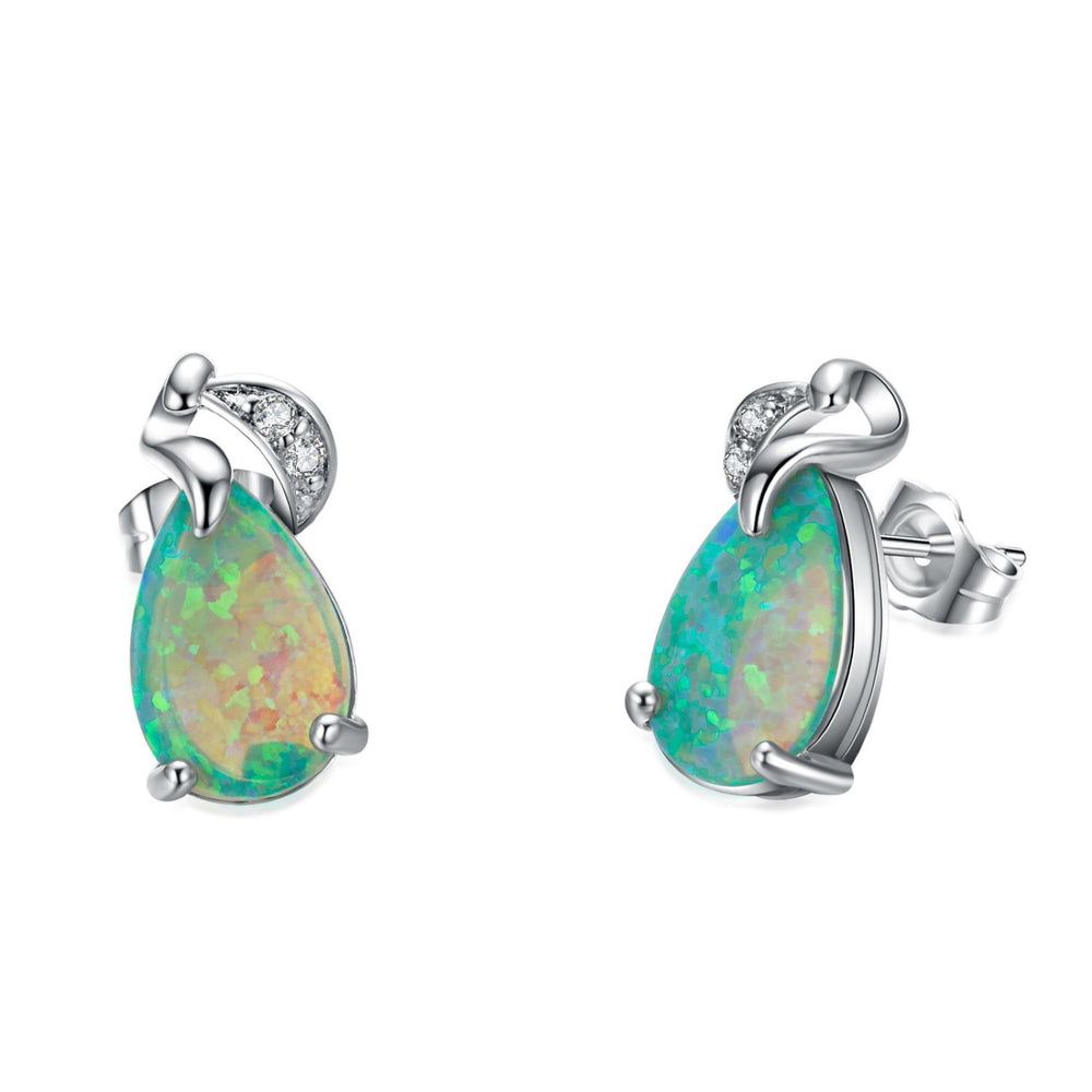 Silver-Tone Green Teardrop Simulated Opal Stud Earrings With Crystal Accents