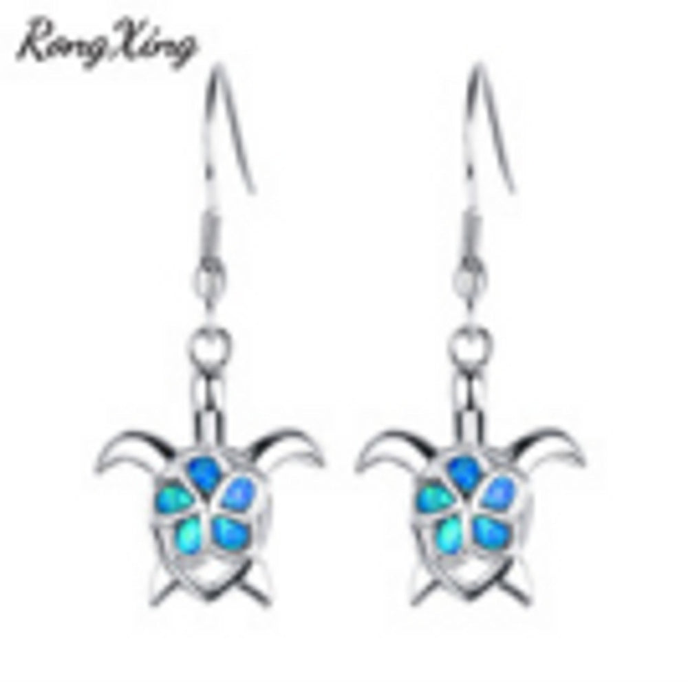 Sterling Silver Blue Simulated Opal Turtle Drop Earrings