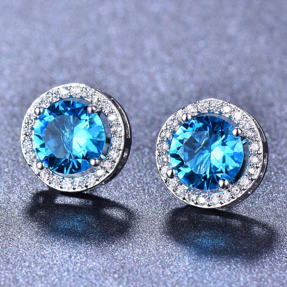 Silver-Tone Aqua-Blue Round Crystal Halo Stud Earrings
