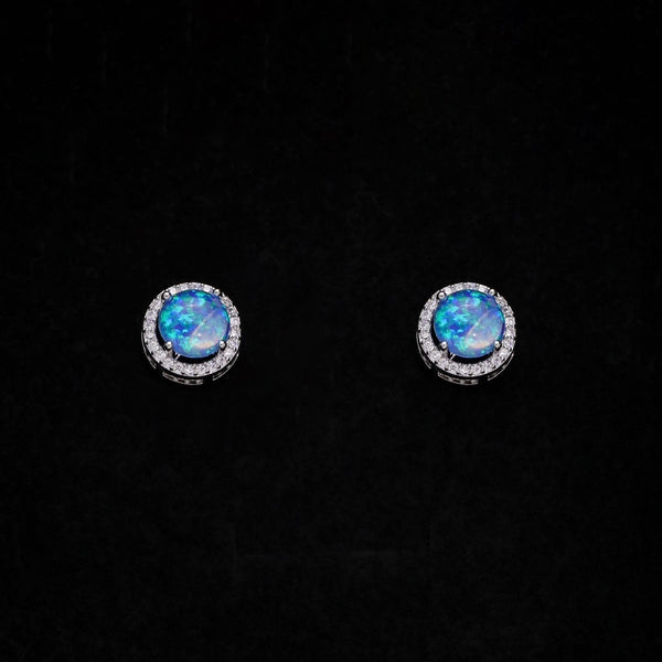 Silver-Tone Round Blue Simulated Opal Crystal Halo Stud Earrings